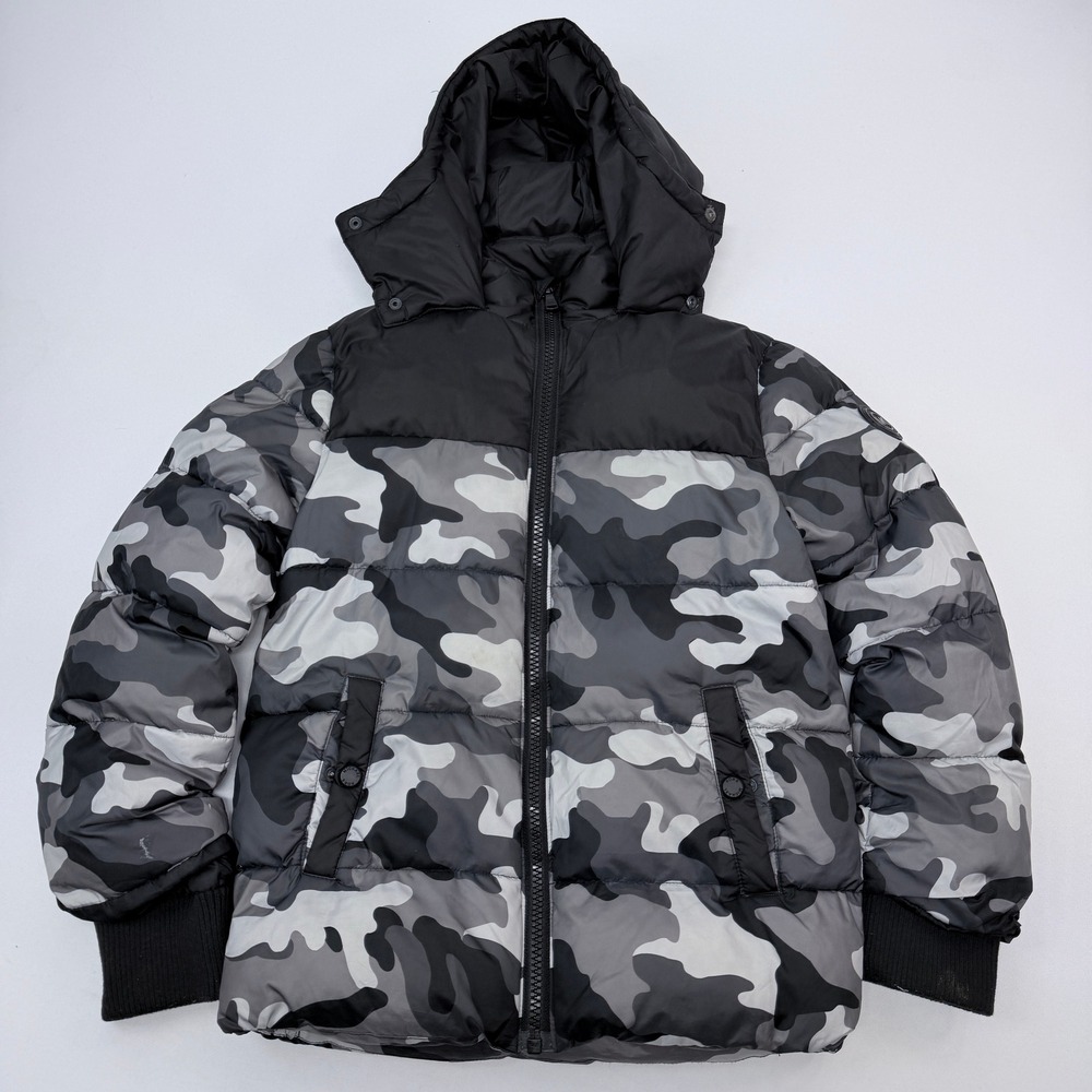 Michael Kors Boys Grey Camo Hooded Puffer Jacket Size 10/12 MK Logo Patch